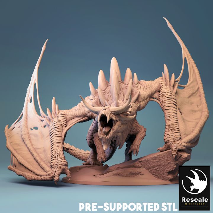 Elder Magma Dragon miniature with massive horns and a fierce expression, posed in a crouched stance on rocky terrain, perfect for tabletop RPGs and fantasy displays.