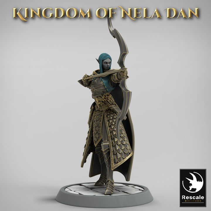 An elven archer from the Kingdom of Nela Dan standing poised with a drawn bow, ready to shoot.