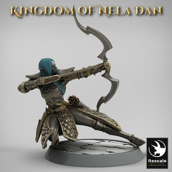 An elven archer in a crouching position, aiming low with a drawn bow, highlighting the agility and grace of the Kingdom of Nela Dan.