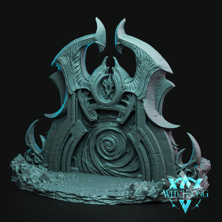 A fantasy portal miniature named The Entrance to the Abyss, featuring demonic carvings, horned details, and a swirling vortex, designed for use in tabletop RPG settings like D&D and Pathfinder.