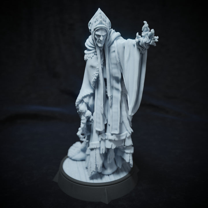 Father Mohren, the cultist priest in dramatic dark robes, extending a hand as if summoning evil spirits—or maybe just trying to catch a falling cookie.