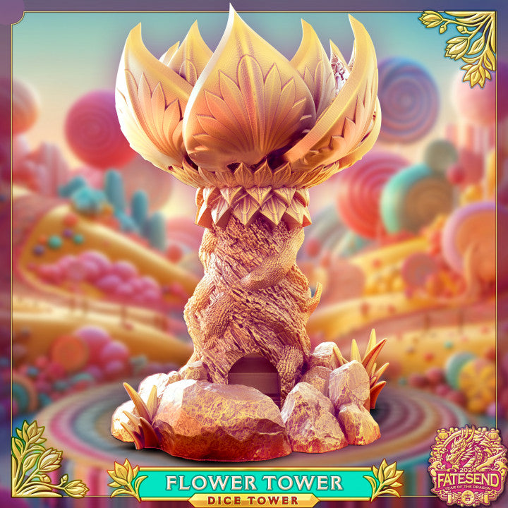 Flower Dice Tower miniature featuring a blossoming flower atop a twisted tree trunk, used for rolling dice in tabletop RPG games like Dungeons & Dragons.