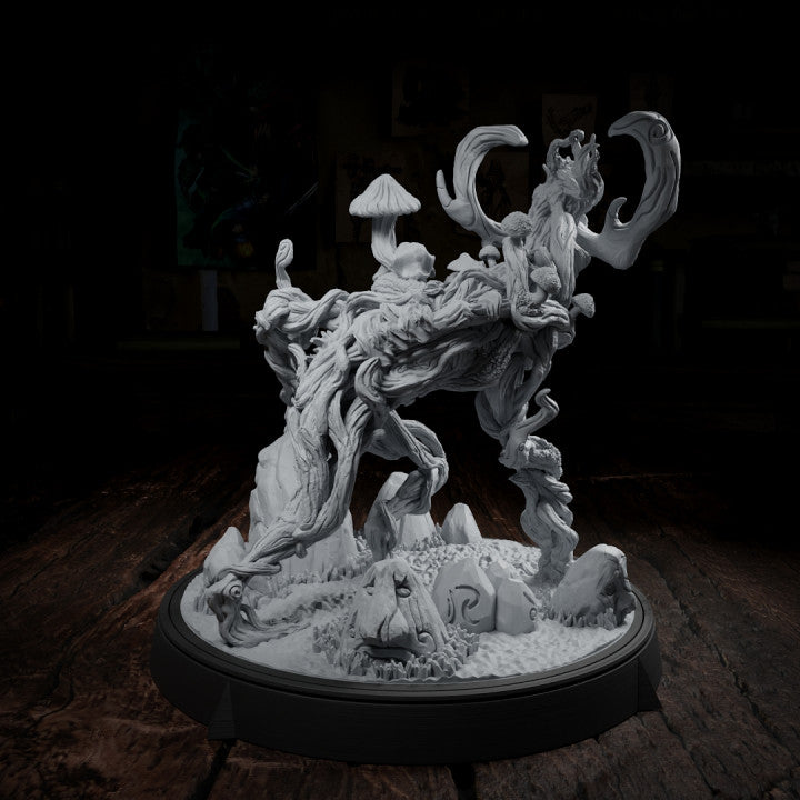 Back view of Forest Ecco, showing off its detailed wooden antlers, twisting branches, and a rather fashionable assortment of fungal accessories.