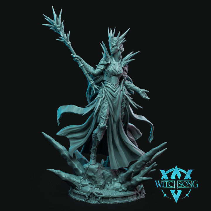 A full-figure miniature of the Frost Queen, clad in detailed icy armor with a frost-tipped staff and flowing cape, standing atop a frost-cracked base, her regal pose embodying her control over the cold.