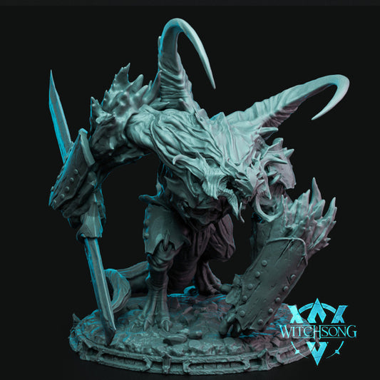 A highly detailed demon miniature named Ghel'kerot, Guardian of the Gate, featuring large horns, menacing armor, dual weapons, and a dynamic stance, ideal for fantasy tabletop RPGs.