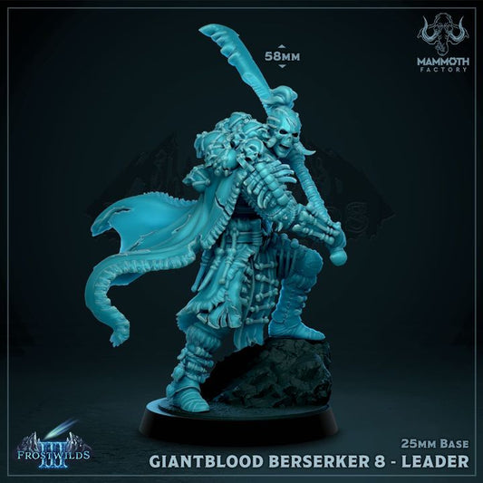 Giantblood Berserker Leader, wielding a large, curved sword and covered in bone-adorned armor, standing ready on a 25mm base.