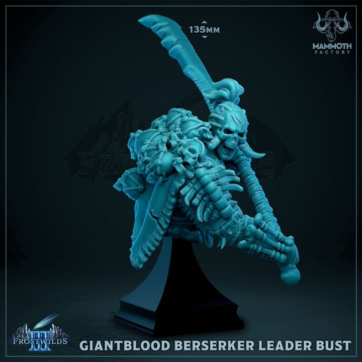 Bust of the Giantblood Berserker Leader, showcasing detailed bone and armor textures, with an intense expression on the face.