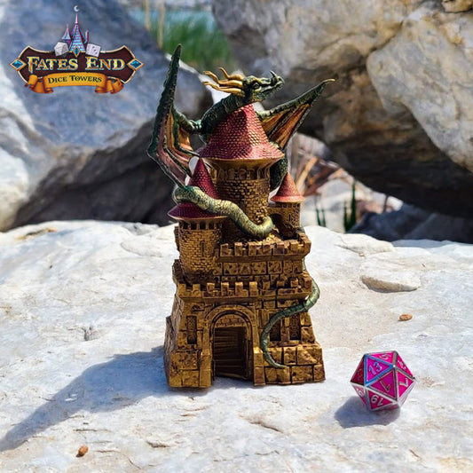 A Game Master Dice Tower miniature resembling a castle, adorned with a coiled dragon perched on the top.