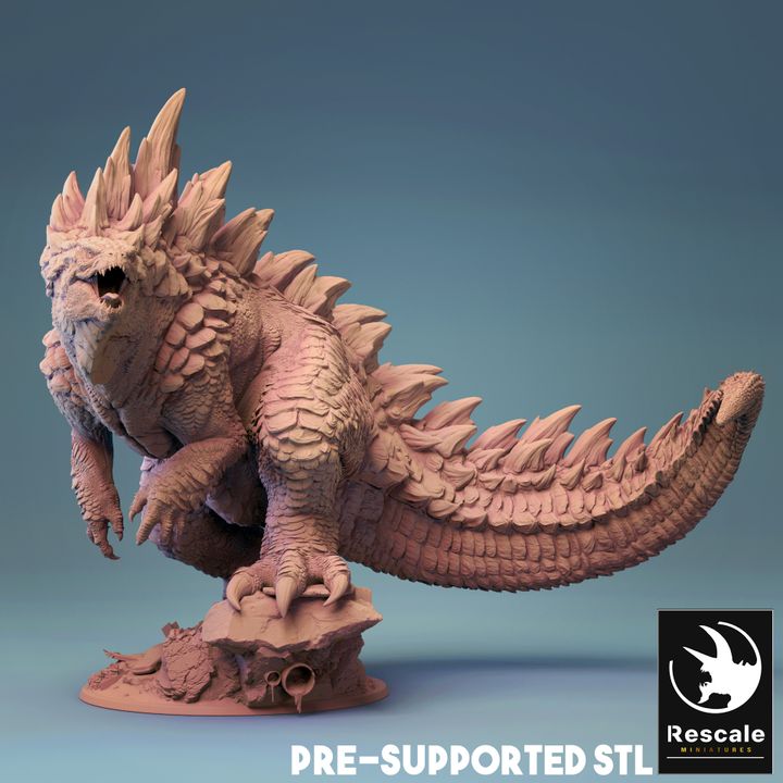 A detailed 3D print of a Godzilla-themed monster with sharp spines, powerful limbs, and a massive tail, ideal for use in tabletop RPGs such as Dungeons & Dragons, Pathfinder, and Warhammer. This miniature brings the fearsome presence of Gojira to life on the battlefield.