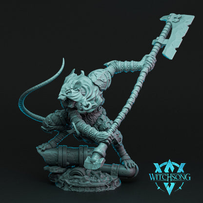 Miniature of the Grandrat Brute, a rat warrior in armored gear wielding a large executioner's axe, posed dynamically with a curved tail and standing atop a stone and pipe base.