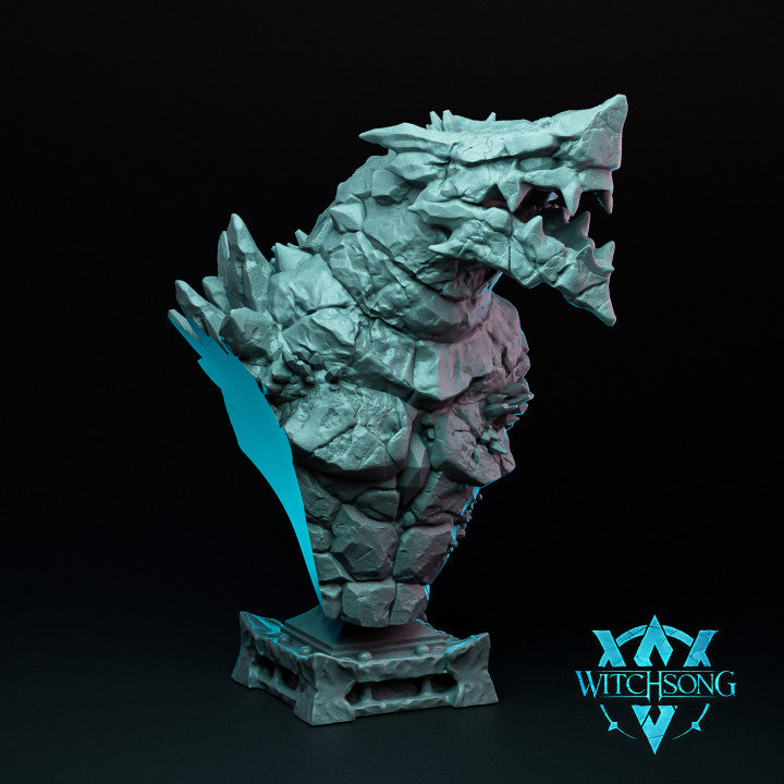 Bust of Greater Temple Guardian stone elemental, showcasing its rugged stone texture and fierce expression.