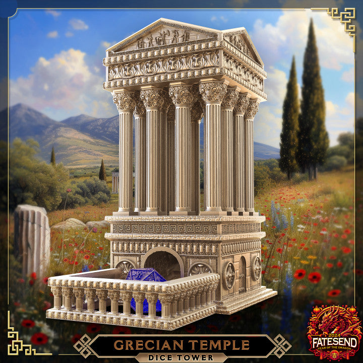 Grecian Temple Dice Tower, designed with detailed columns and classic architectural style, ideal for tabletop RPG games like Dungeons & Dragons.