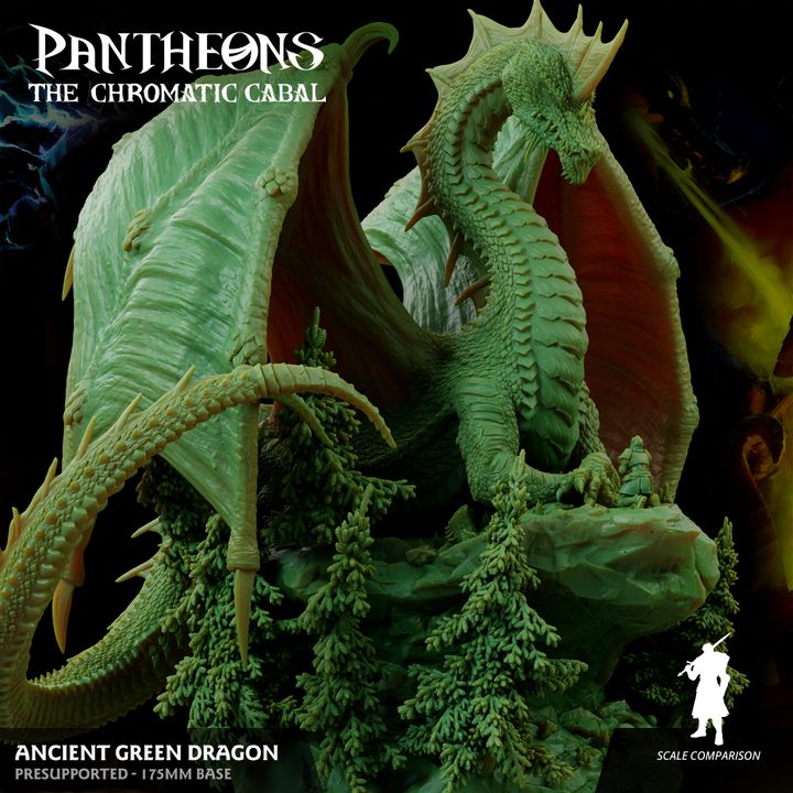 Ancient Green Dragon miniature poised in a forest scene with spread wings and coiled tail, showcasing sharp claws and menacing posture. Suitable for Dungeons & Dragons or Pathfinder TTRPG settings.