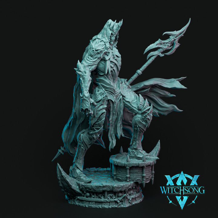 Hades, God of the Underworld miniature from Witchsong, depicted in intricate armor with a tattered cloak, holding a jagged staff, and standing on a themed base resembling a dark, underworld setting