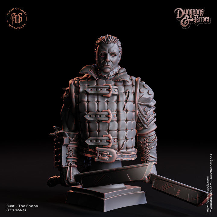 Bust of a male figure in a heavy belted outfit holding a sword, inspired by Michael Myers from the Halloween series.