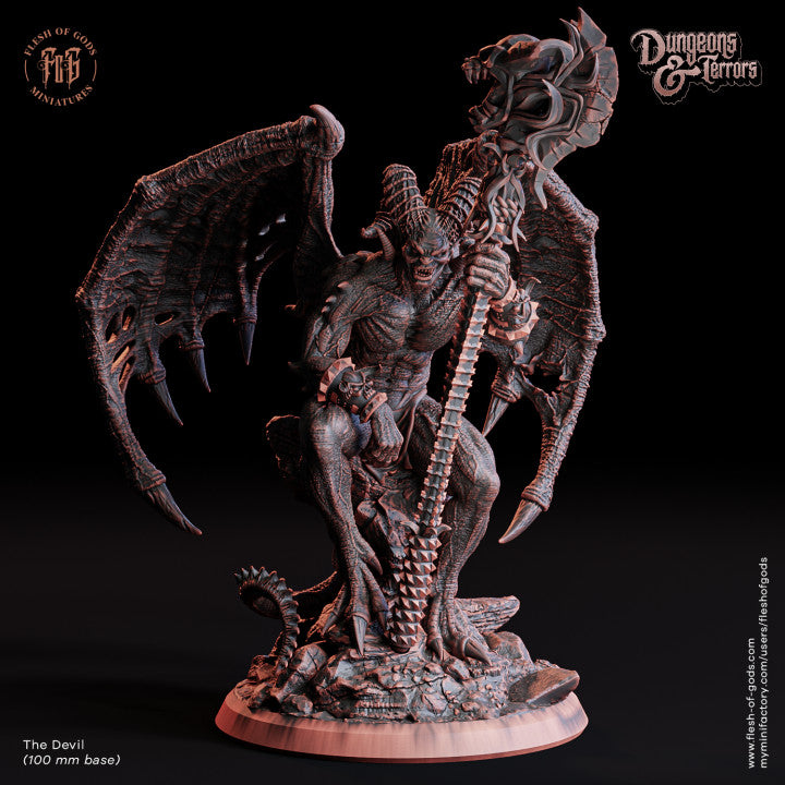 The Devil Himself miniature standing with wings extended, holding a large staff, inspired by Labyrinth.