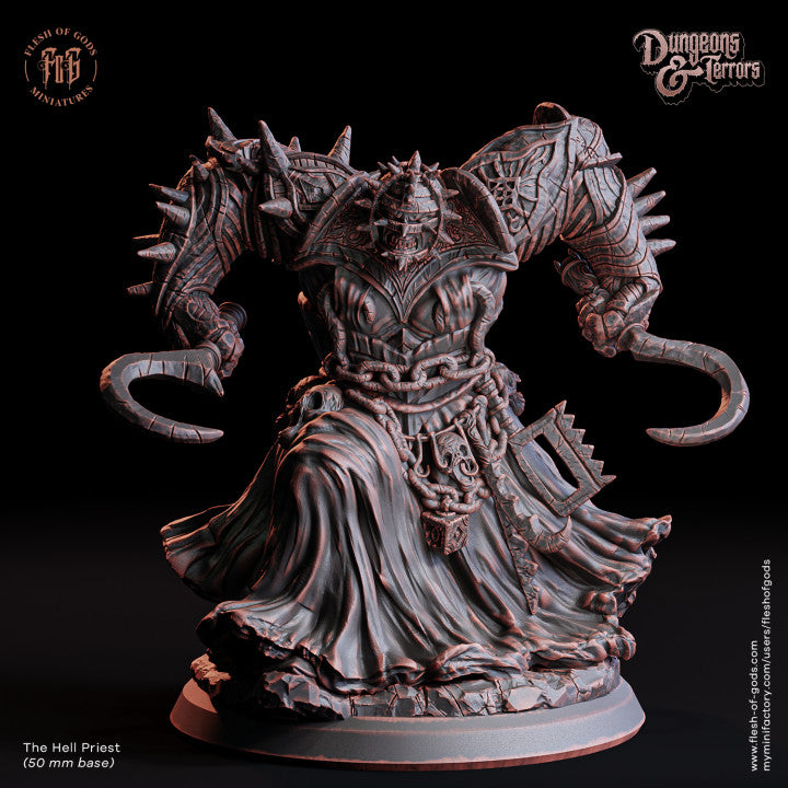 The Hell Priest miniature, inspired by Hellraiser's cenobites, wielding hooked weapons and draped in chains, with detailed armor and a menacing presence.