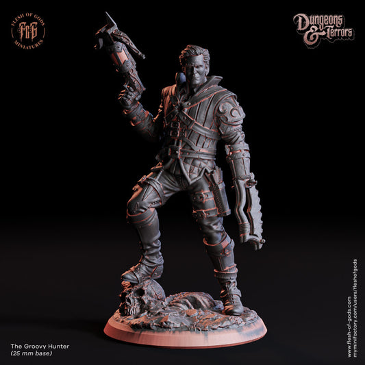 Full-body miniature of The Groovy Hunter, gripping a crossbow and posed confidently. Perfect for use in Dungeons & Dragons or Pathfinder campaigns.