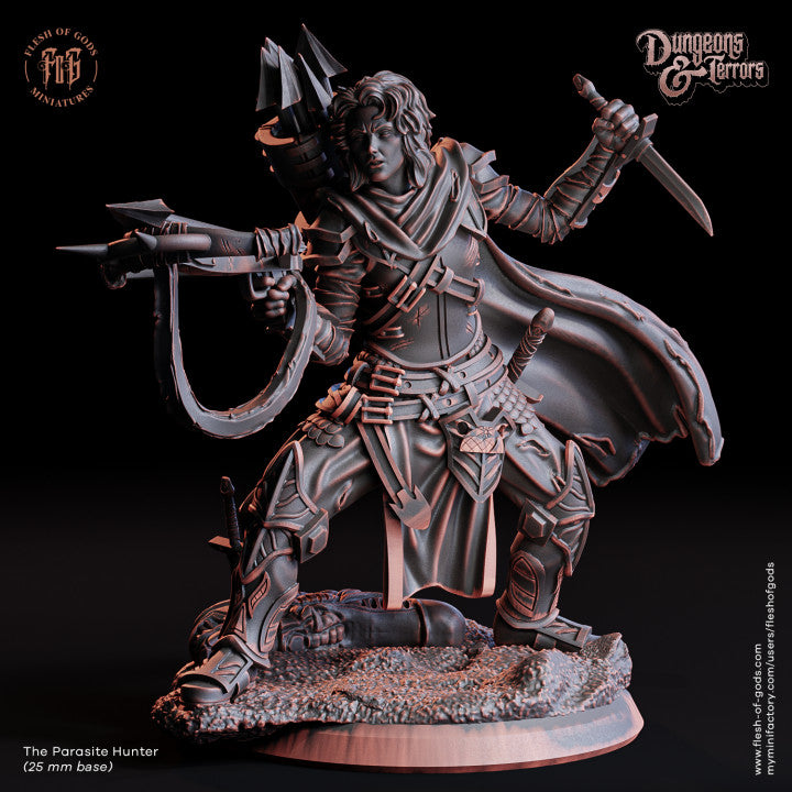 Full-figure Parasite Huntress wielding a crossbow and dagger, posed in combat stance, 25mm base.