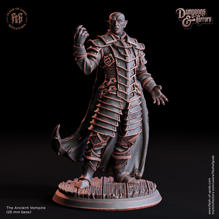 The Ancient Vampire full figure on a 25mm base, in a strong stance, armored with a long cape and outstretched hand, perfect for fantasy RPG encounters.