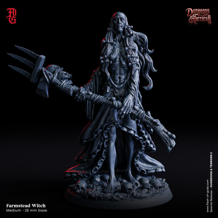 Miniature of the Farmstead Witch, inspired by The Witch, holding a large pitchfork, cloaked in robes, and standing on a base covered in skulls.