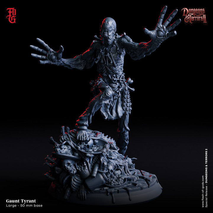 Miniature of Gaunt Tyrant inspired by the Pale Man from Pan's Labyrinth, a gaunt figure with outstretched hands, standing on a pile of bones and skulls.