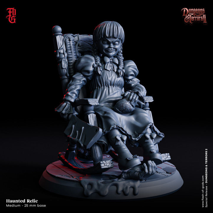 Haunted Relic miniature inspired by the Annabelle doll, seated in a rocking chair with an eerie expression.