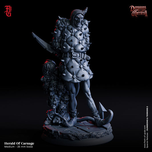 Herald of Carnage miniature in spiked straitjacket, wielding a massive knife, standing over a net of severed heads.