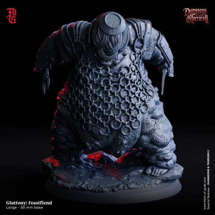 Feastfiend miniature representing the sin of gluttony with chain-like armor and bloated form.