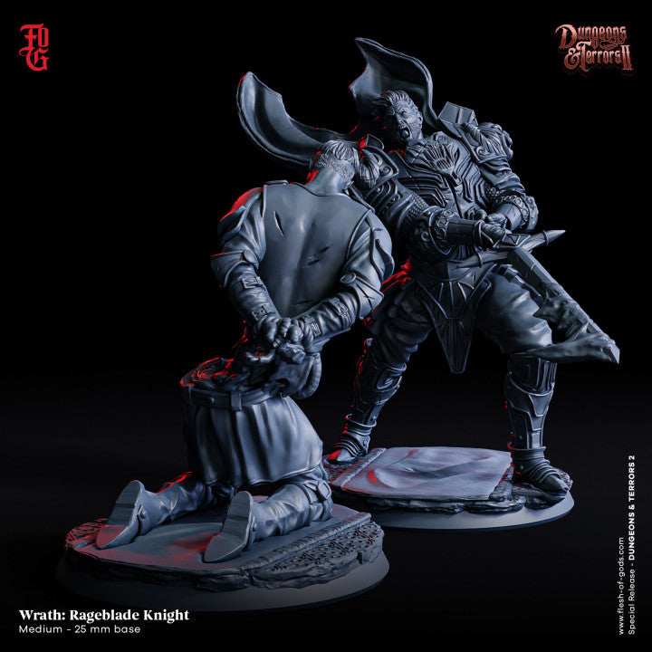 Wrath: Rageblade Knight miniature with a sword raised, standing over a kneeling figure.