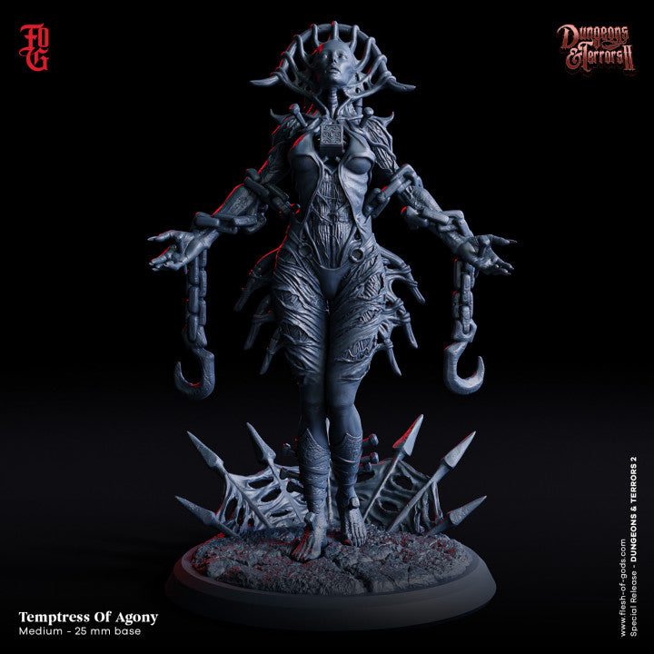 Temptress of Agony miniature standing with hooks and chains, inspired by the female cenobite from Hellraiser.