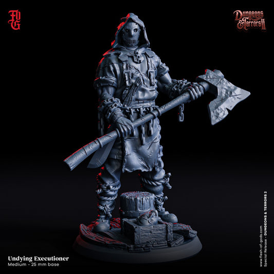 Undying Executioner miniature holding a massive axe, dressed in a hooded cloak with a chopping block at his feet.