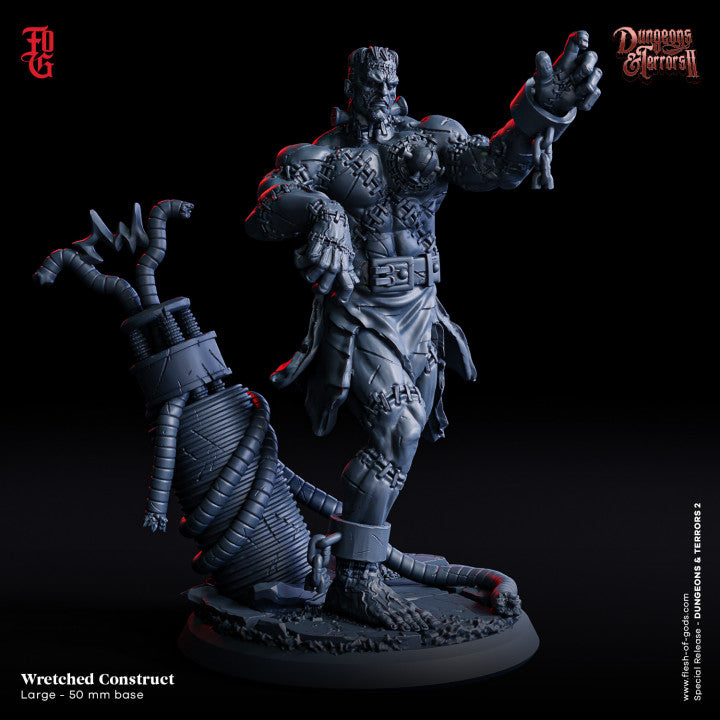 Wretched Construct miniature with stitched body and mechanical augmentations, inspired by Frankenstein.