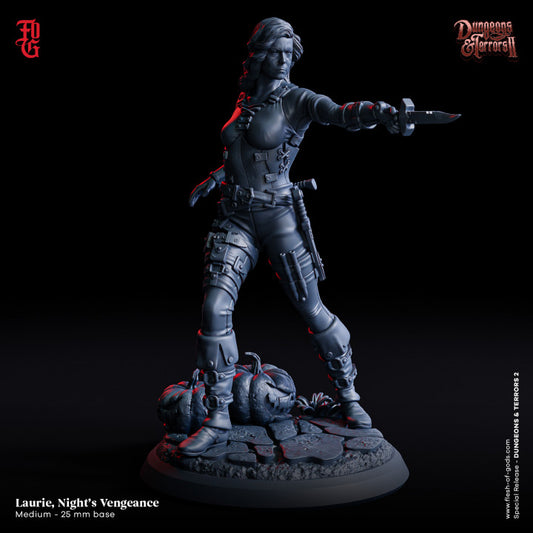 Laurie, Night's Vengeance miniature holding a knife in a battle-ready stance, wearing tactical gear.