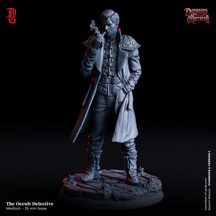 Occult Detective miniature holding a magical object, wearing a long coat with a thoughtful expression.