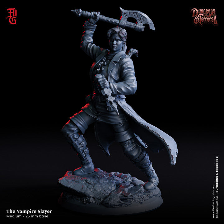 Vampire Slayer miniature holding a large axe mid-swing, wearing a long coat and battle gear."