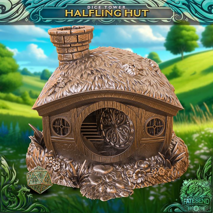 Halfling Hut Dice Tower featuring a round door, windows, and a chimney, with detailed foliage surrounding the base. Ideal for use in tabletop RPGs like Dungeons and Dragons or Pathfinder.