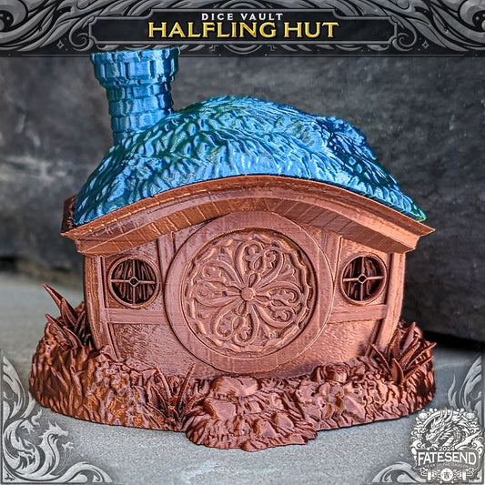 Halfling Hut Dice Vault featuring a round door, windows, and detailed foliage around the base, designed for storing dice. Ideal for use in tabletop RPGs like Dungeons and Dragons or Pathfinder.