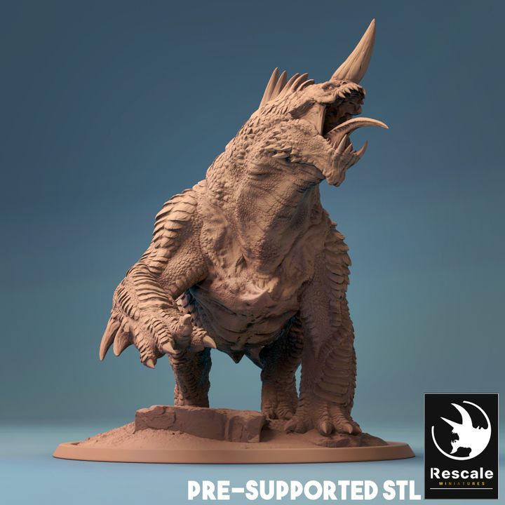 "Stygian Guard Hound roaring with its massive horned head and powerful forelegs, pre-supported STL miniature for dark fantasy RPGs.