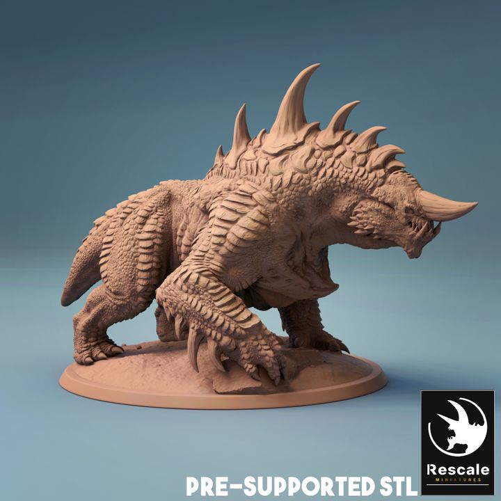 Side view of the Stygian Guard Hound, showcasing its spiked scales and muscular build, ideal for 3D printing in dark-themed tabletop RPGs.