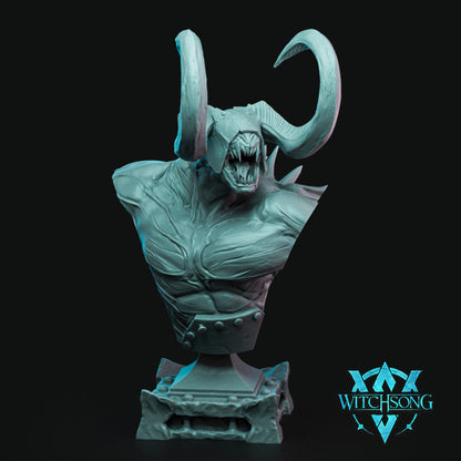 Bust of Lieutenant Agguth, a demonic figure with large curved horns, snarling expression, and muscular torso, sculpted in dynamic detail, ideal for tabletop role-playing games like Dungeons & Dragons and Pathfinder.