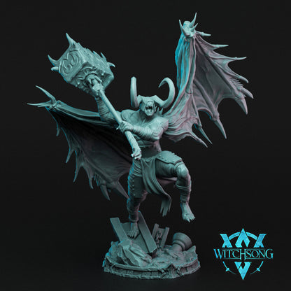 Full figure of Lieutenant Agguth, a winged demon wielding a large battle hammer, mid-leap with detailed musculature and fierce expression, suitable for fantasy tabletop games like Dungeons & Dragons and Pathfinder.