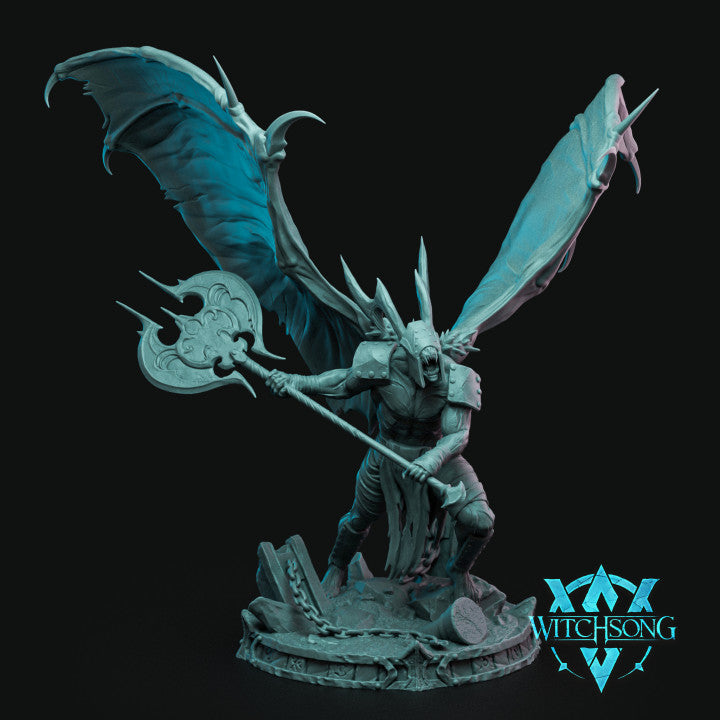 Full-body model of Lieutenant Bellath, a winged demon warrior with large wings and a massive axe, prepared for combat.