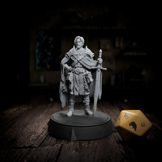 Bartolomeu Aulos, human fighter miniature with a large sword and detailed cloak, standing ready for battle. A perfect figure for any tabletop RPG hero role.