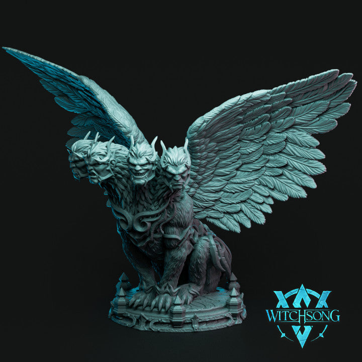 Hydra Sphinx miniature showing a three-headed beast with large wings, combining the features of a sphinx and hydra, standing on a detailed base.