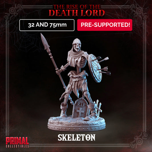 Skeleton warrior miniature wielding a spear and shield, posed with a grave marker and adorned in tattered armor.