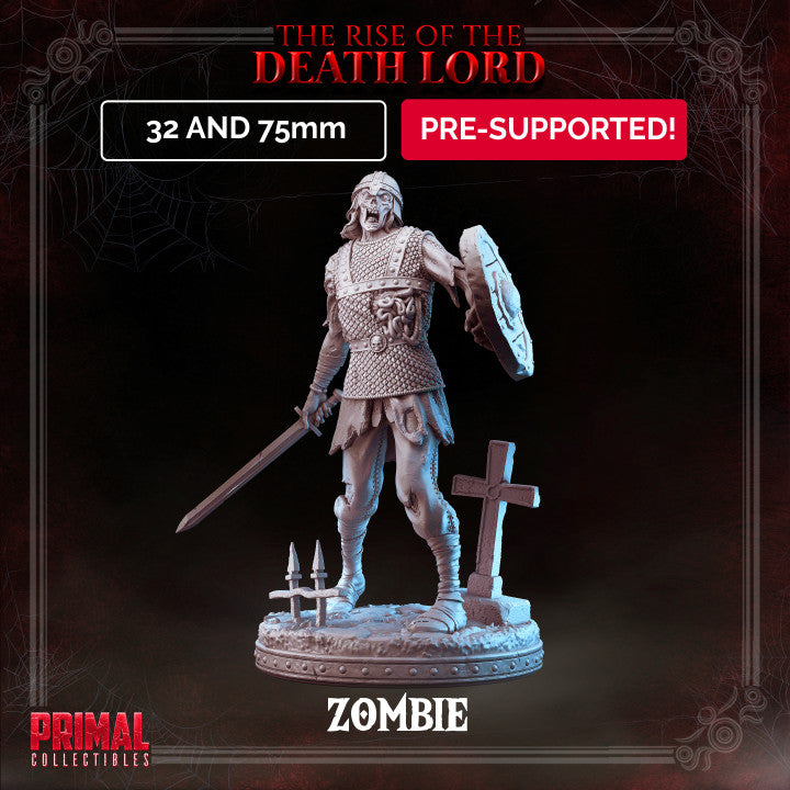 Zombie miniature in chainmail armor holding a sword and shield, standing on a graveyard-themed base with crosses and rocks.