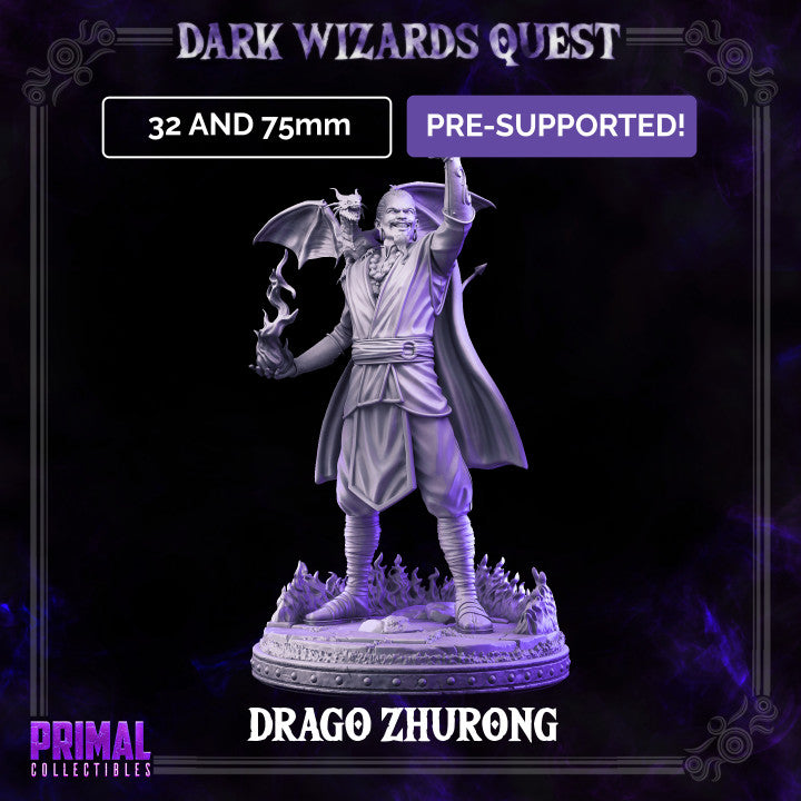 Fire Mage Drago Zhurong miniature featuring a human male casting flames with one hand while holding a dragon familiar on the other, standing on a base surrounded by flames.