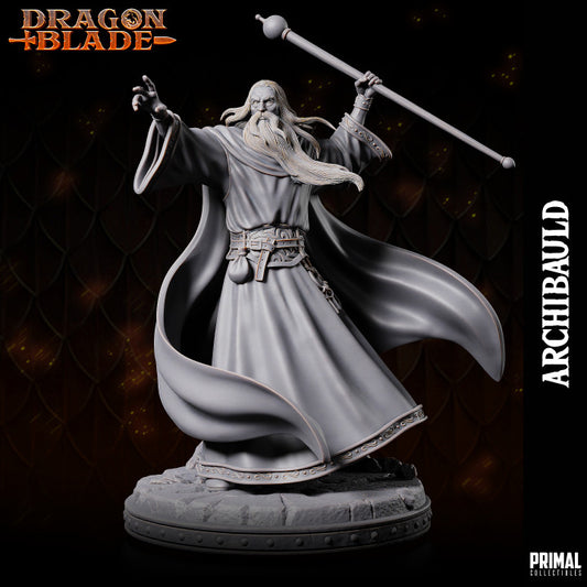 Full-figure front view of White Wizard Archibauld, holding a raised magical staff, with dynamic robes flowing around him.