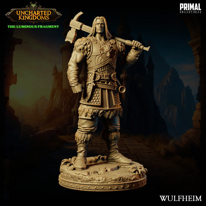 Wulfheim, the barbarian, standing with a warhammer over his shoulder on a rocky base, wearing fur-trimmed armor.